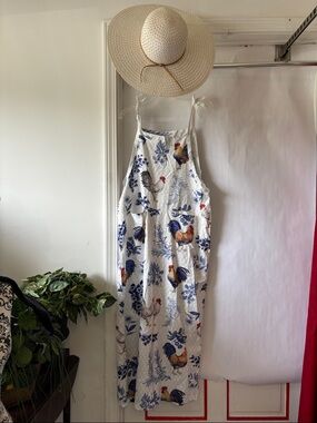 Women's Cream Rooster Print Linen Jumpsuit& wide rim sun hat, pit to pit 22”,
